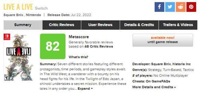 《LIVE A LIVE - 时空勇士 -》全球媒体评分汇总 MC82 分表现优秀 